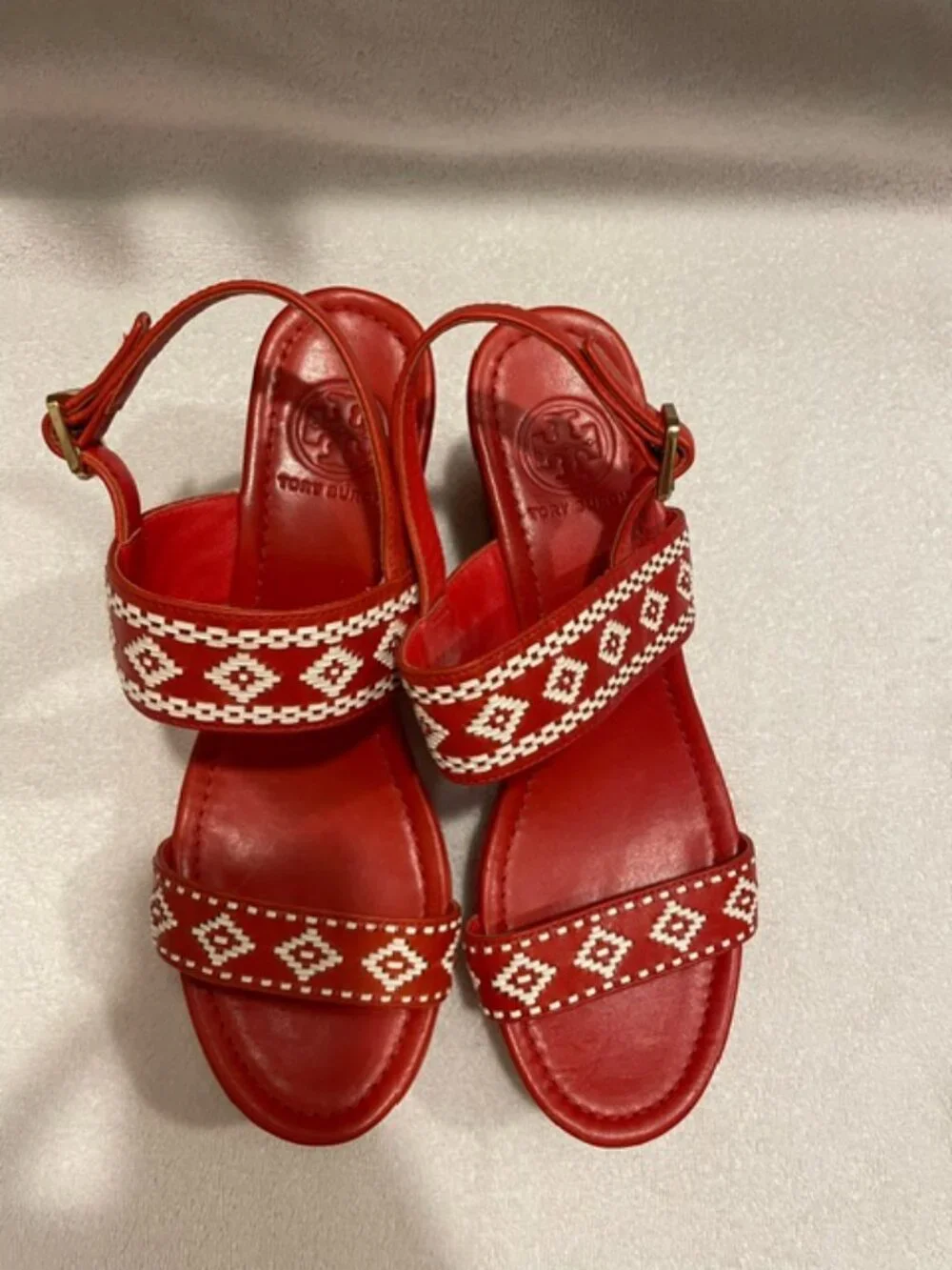 Tory Burch Womens Reena Sandals Size 10 Red Leather White Woven Wedge Platform